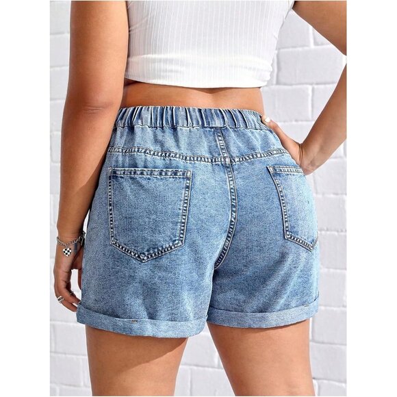Plus Size Denim Shorts Elastic Waist Drawstring Casual Summer Shorts - Picture 3 of 5
